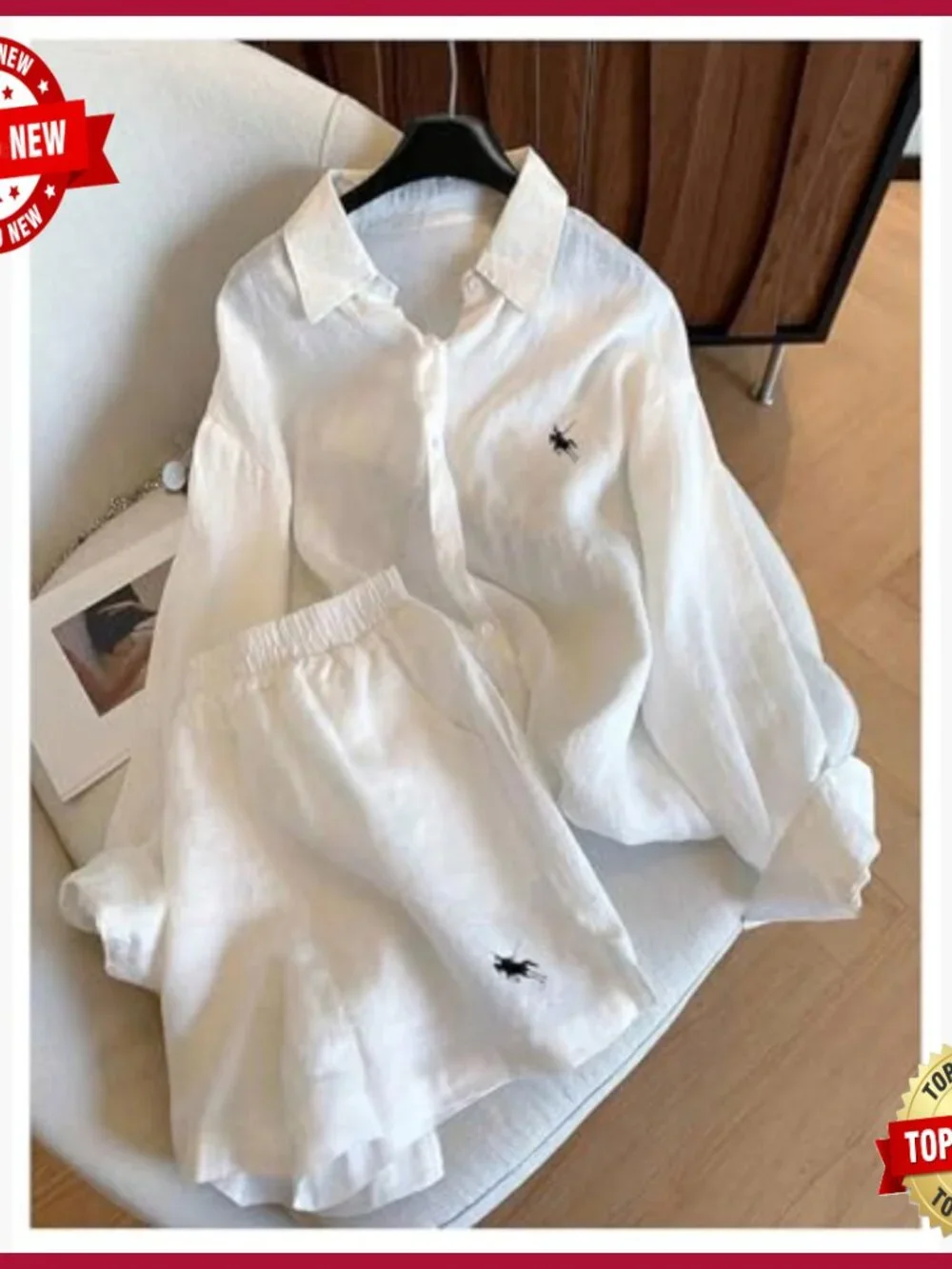 Long Sleeve Button Down Shirt and Mini Shorts Pajama Set, Linen-Like - Picture 3 of 5